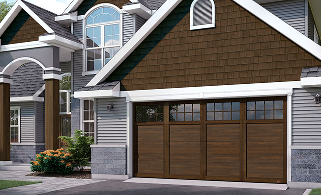 garage doors in Red Deer - Princeton P-11, 16’ x 8', Chocolate Walnut door and overlays, 8 lite Panoramic windows with Clear glass